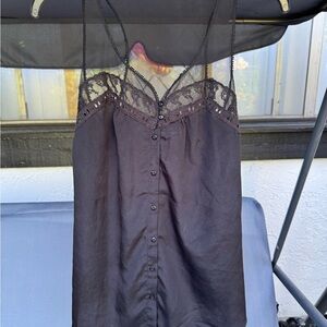 Black Satin Chemise with Lace Details